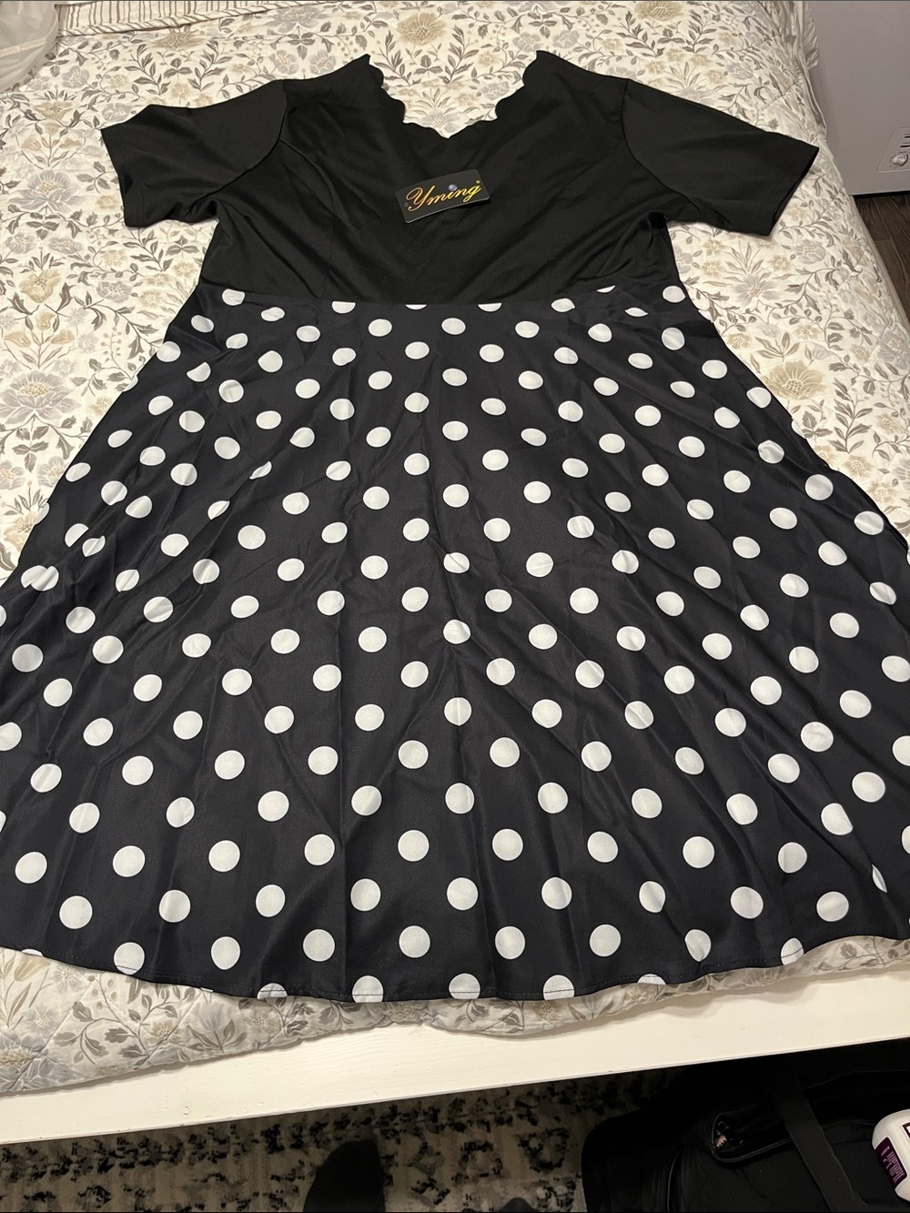 YMING Black and White Polka Dot Midi Fit-and-Flare Dress